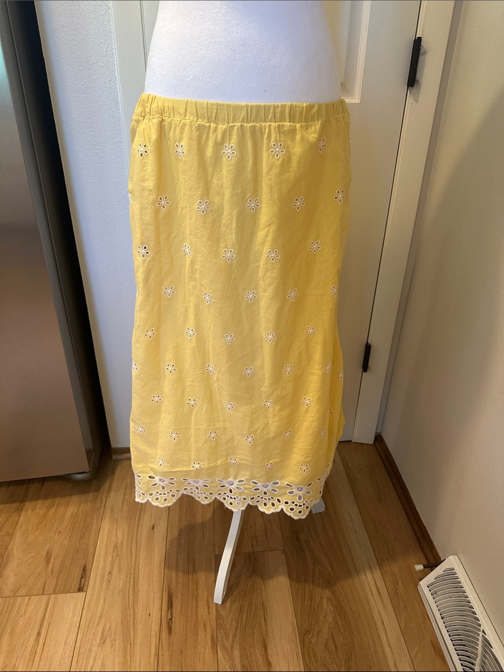 Old Navy Yellow Eyelet Midi Skirt with Scalloped Hem